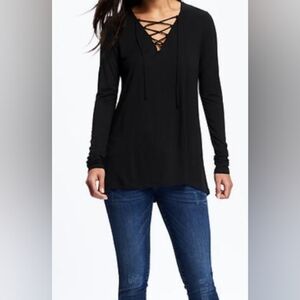 Women's black 3/4 sleeved tunic, criss cross V Neck, size Medium, EUC